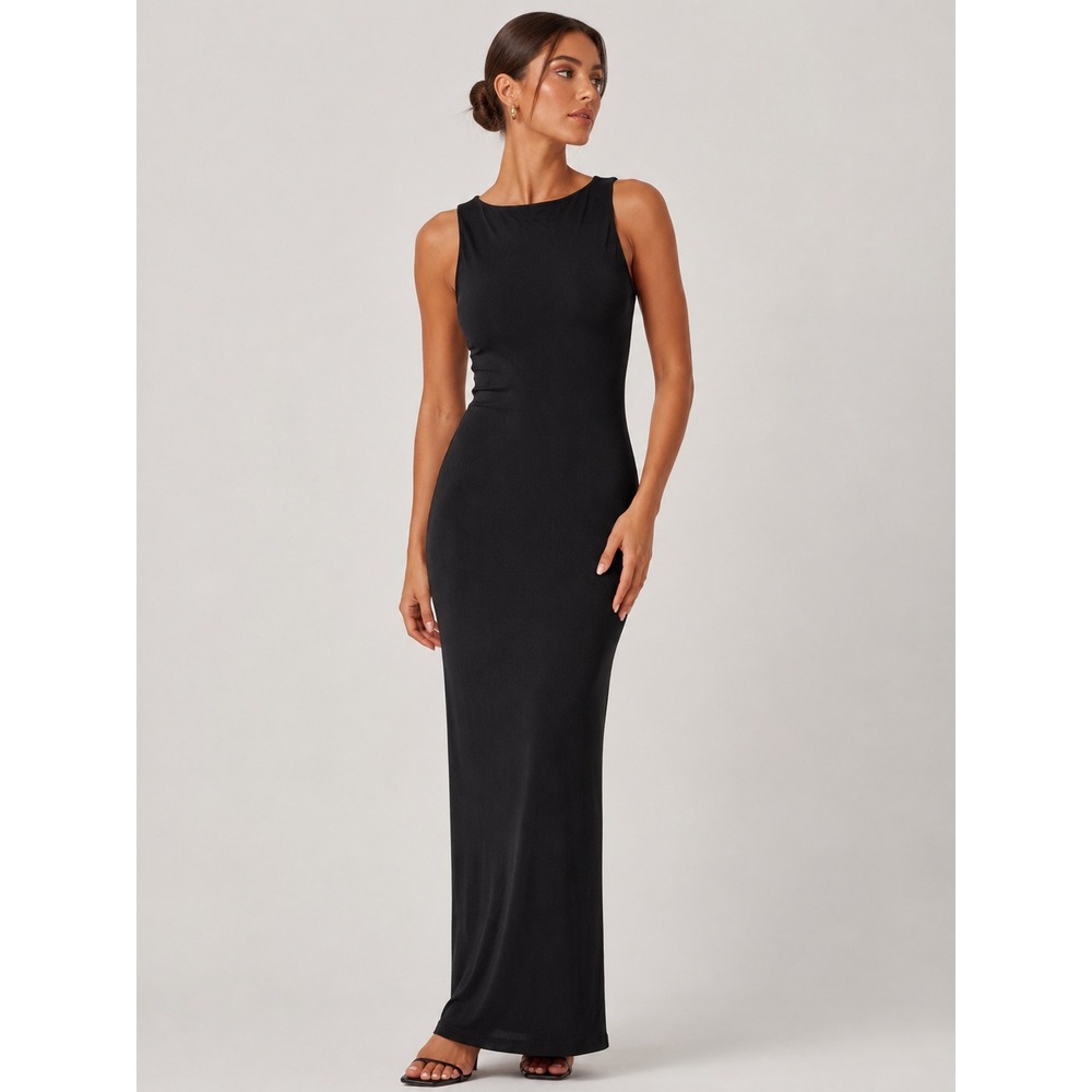 Shapellx Black Ribbed Built-In Shapewear Maxi Dress Sleeveless L NWT New